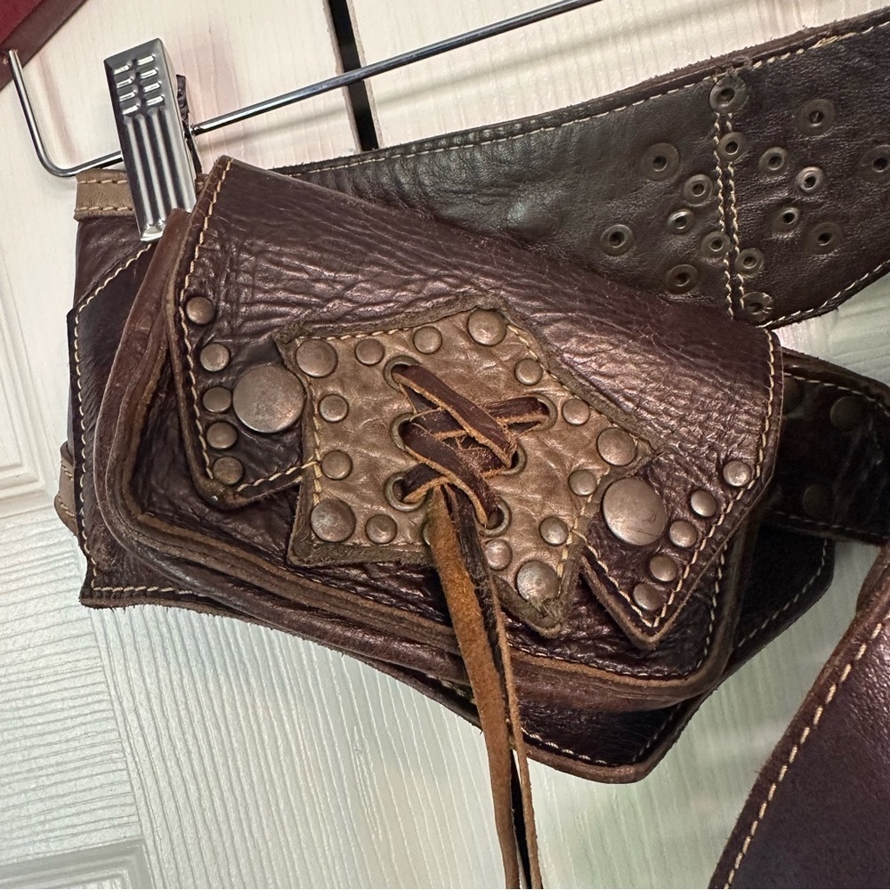 Brown Leather Pocket Belt Brass Studs